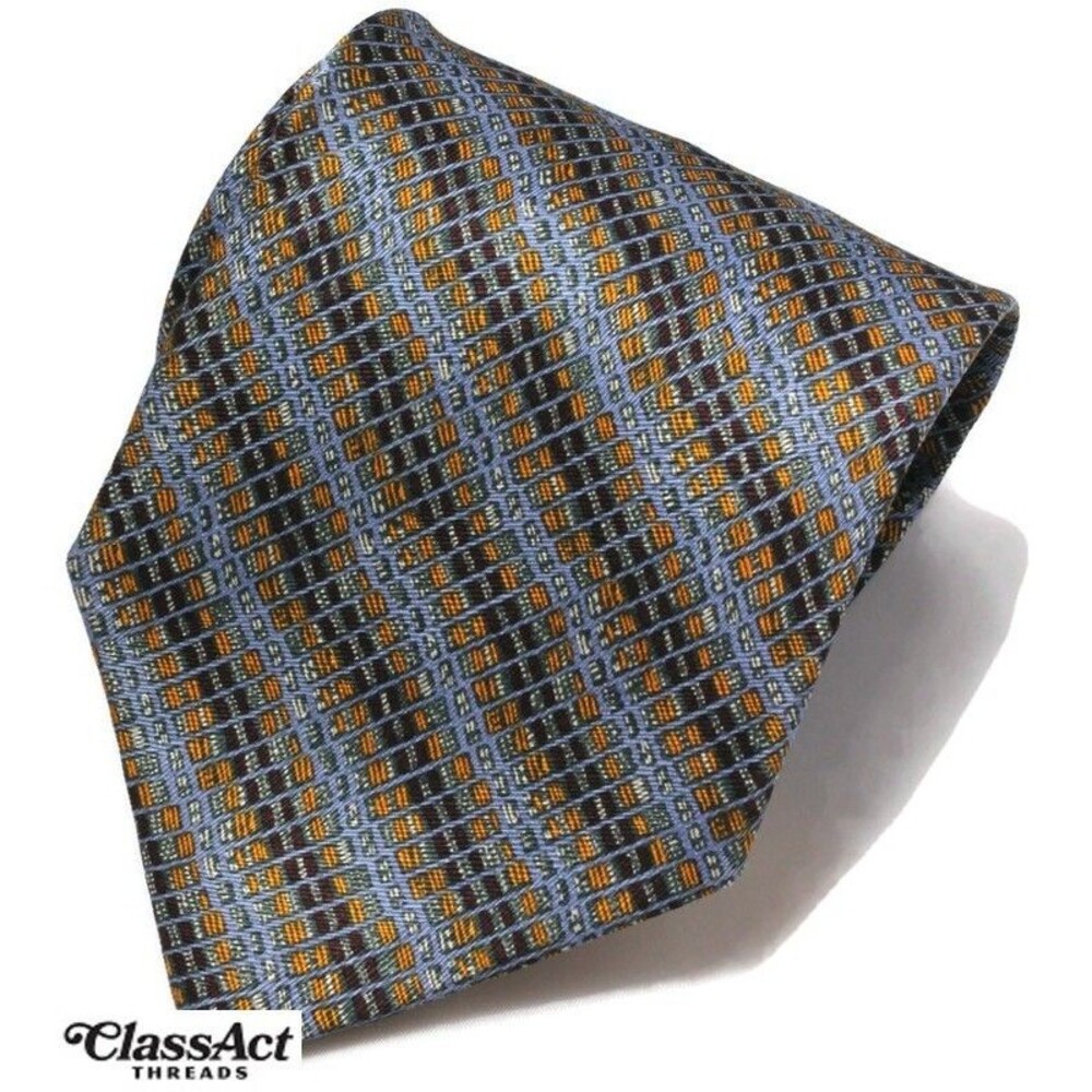 ZINC 100% Silk HAND MADE Necktie Tie Blue Brown Geo Metric 3.75" Wide